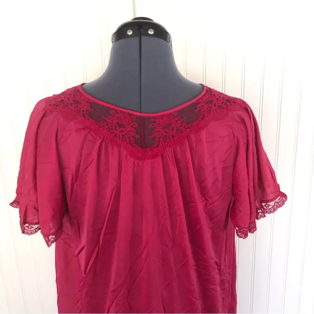 Vintage Pink Nightgown Silky Satin Lace Fuchsia Magenta Short Sleeve 70s 80s - Picture 4 of 7